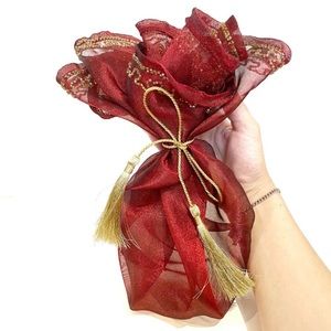 Bombay Beaded Mesh Red Gold Decorative Tie Up Sachet Bag Gift Wrap Tassels Nice